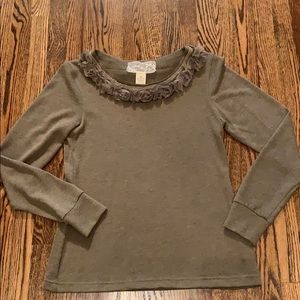 Nick and Mo green sweater floral neckline.